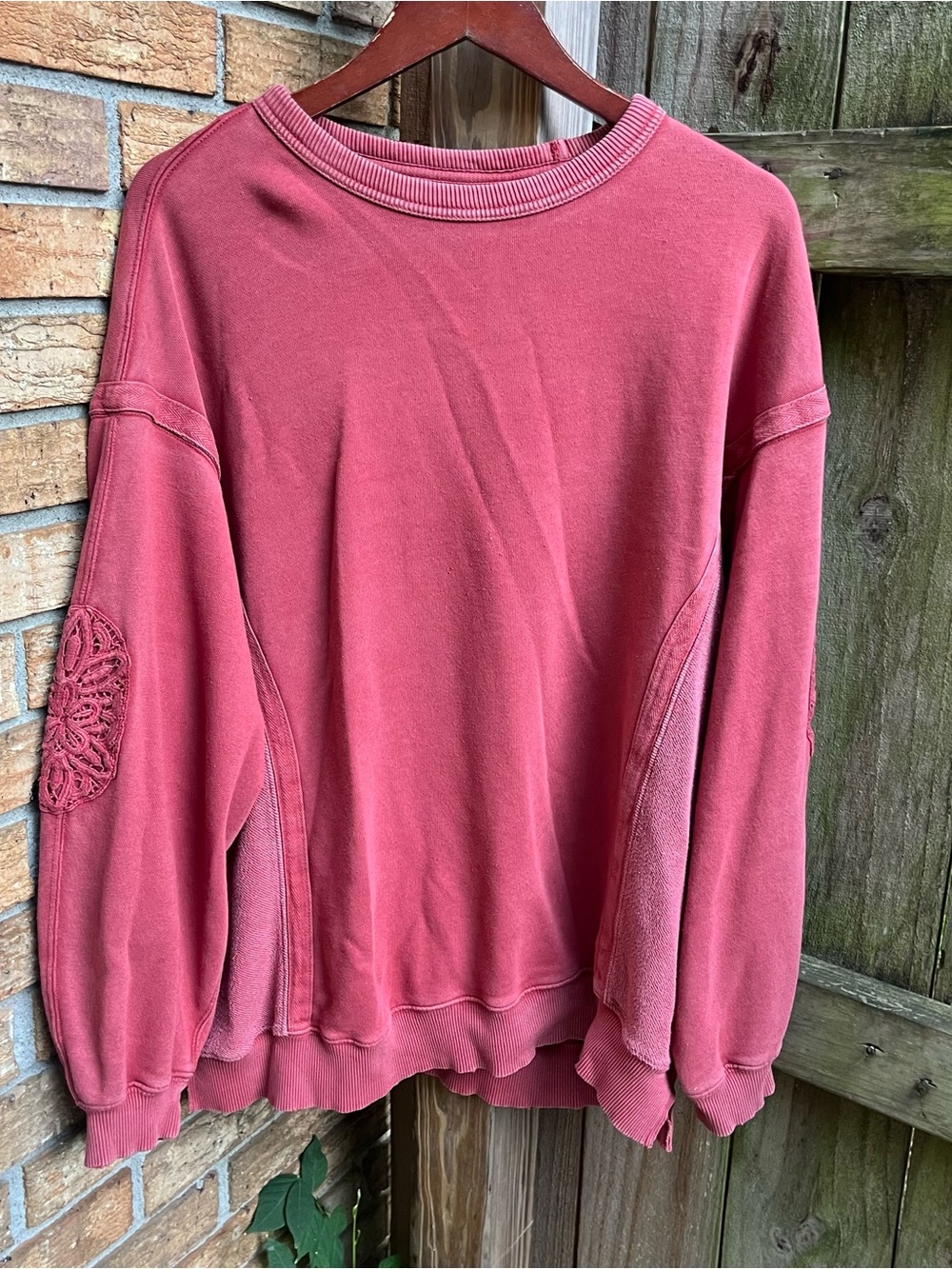 Aerie Oversized Faded Rose Crewneck Sweatshirt with Elbow Embroidery